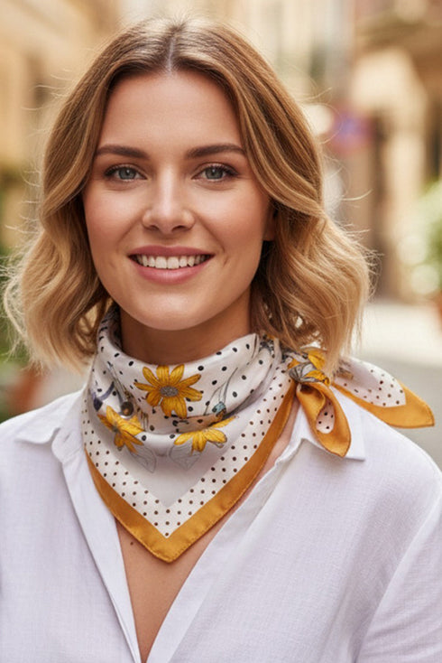 Dotted Daisy Taupe Square Satin Scarf