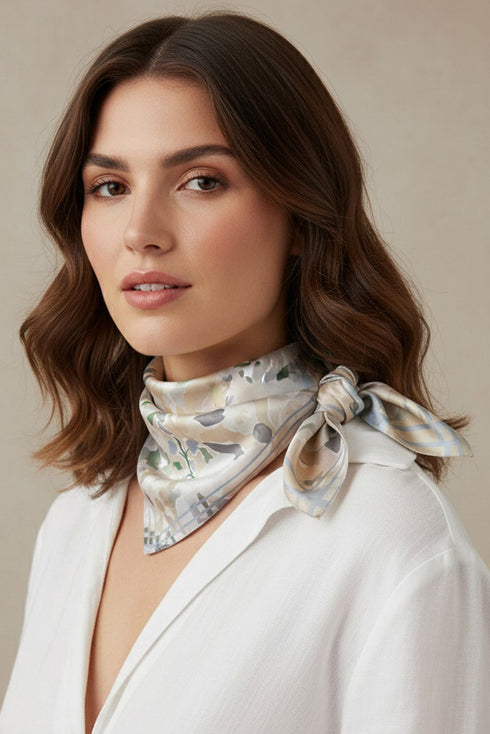 Brushstroke Blooms Beige Square Satin Scarf