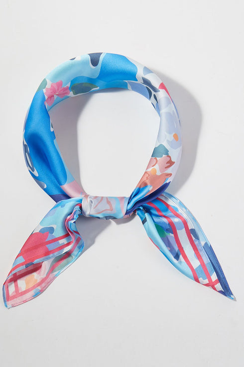 Brushstroke Blooms Blue Square Satin Scarf