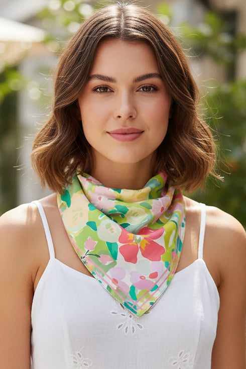 Brushstroke Blooms Green Square Satin Scarf