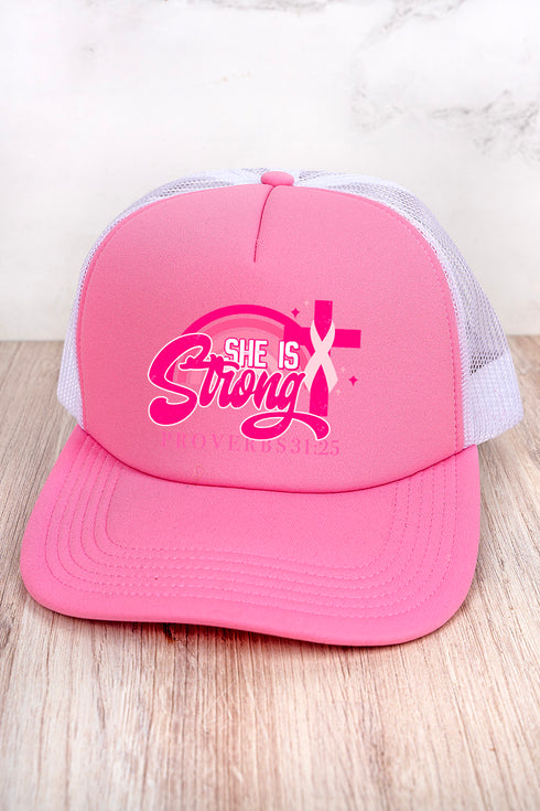 She Is Strong Pink Ribbon Foam Front Mesh Trucker Cap