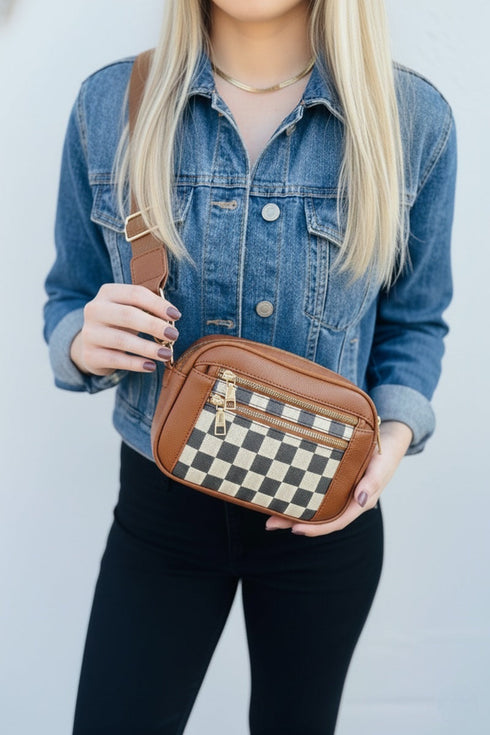 Downtown Dash Camel Checkered Crossbody Bag
