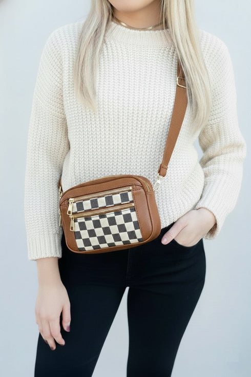 Downtown Dash Camel Checkered Crossbody Bag