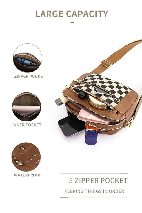 Downtown Dash Camel Checkered Crossbody Bag