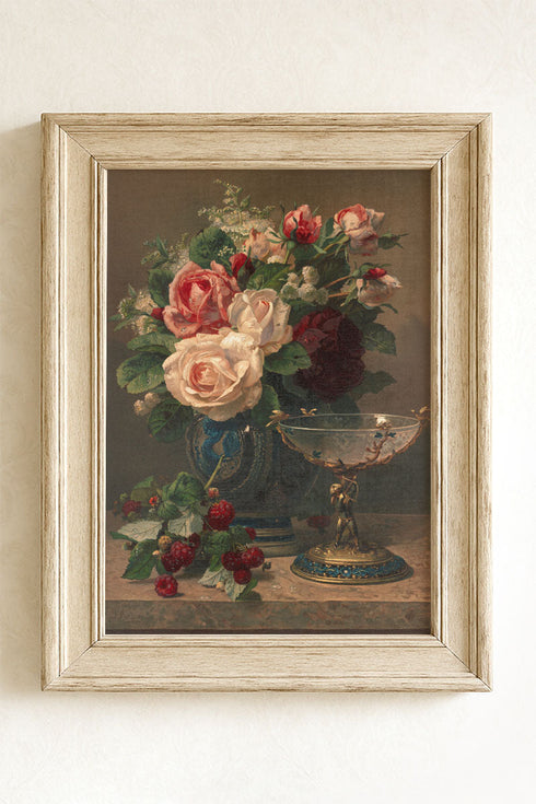 Still Life With Roses And Raspberries Ready To Frame Canvas Print