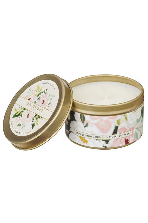 He Is Our Peace Cactus Flower and Coconut Scented Candle Tin