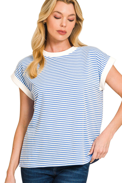 Boardwalk Breeze Cornflower Blue Contrast Trim Striped Top