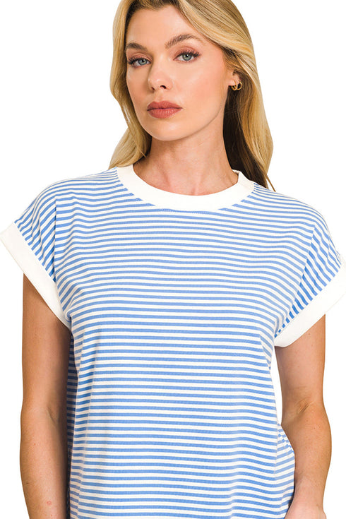 Boardwalk Breeze Cornflower Blue Contrast Trim Striped Top