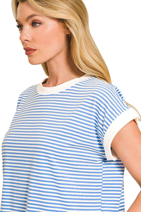 Boardwalk Breeze Cornflower Blue Contrast Trim Striped Top