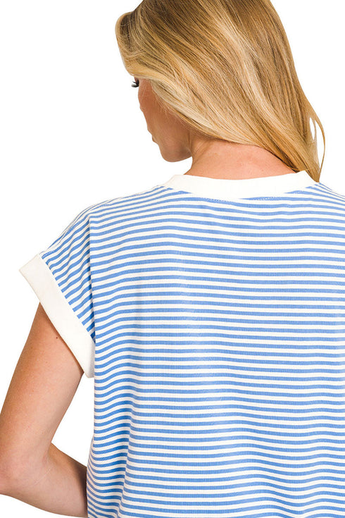 Boardwalk Breeze Cornflower Blue Contrast Trim Striped Top
