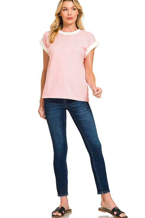 Boardwalk Breeze Dark Pink Contrast Trim Striped Top