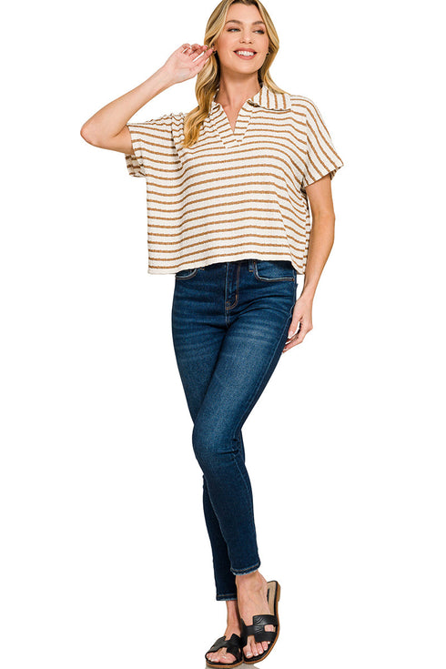 Cape Cod Camel Split Collar Striped Top
