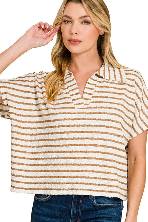 Cape Cod Camel Split Collar Striped Top