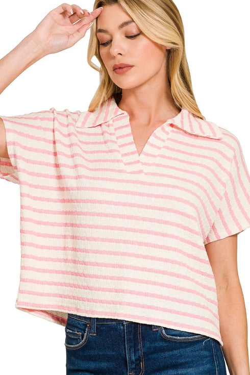 Cape Cod Pink Split Collar Striped Top