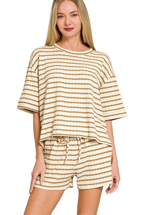 Summer Rhythm Camel Striped Short Sleeve Tee & Shorts Set
