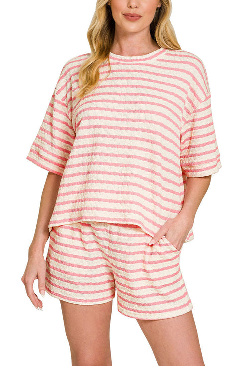 Summer Rhythm Pink Striped Short Sleeve Tee & Shorts Set