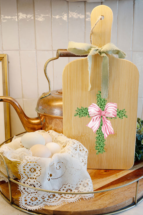 Pink Bow Boxwood Cross Decorative Wood Cutting Board