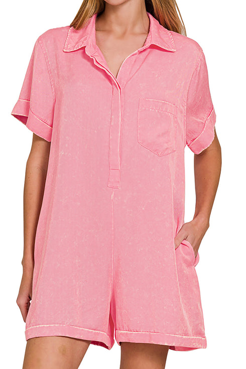 Daydreamer Dark Pink Tencel Mineral Washed Romper