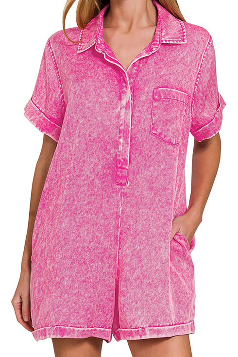 Daydreamer Hot Pink Tencel Mineral Washed Romper