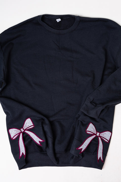 Black You Design It Embroidered Side Bows Heavy-weight Crew Sweatshirt *Customize Your Text and Bows