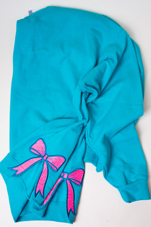 Scuba Blue You Design It Embroidered Side Bows Unisex NuBlend Crew Sweatshirt *Customize Your Text and Bows