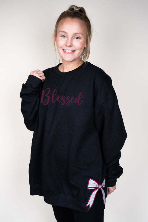 Black You Design It Embroidered Side Bows Heavy-weight Crew Sweatshirt *Customize Your Text and Bows