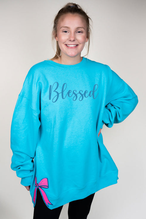 Scuba Blue You Design It Embroidered Side Bows Unisex NuBlend Crew Sweatshirt *Customize Your Text and Bows