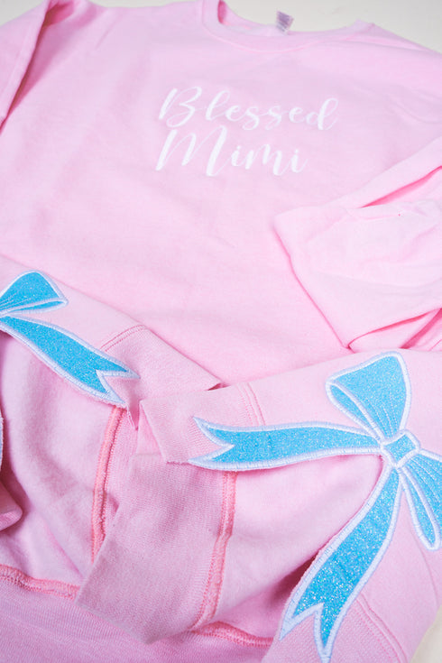 Classic Pink You Design It Embroidered Side Bows Unisex NuBlend Crew Sweatshirt *Customize Your Text and Bows