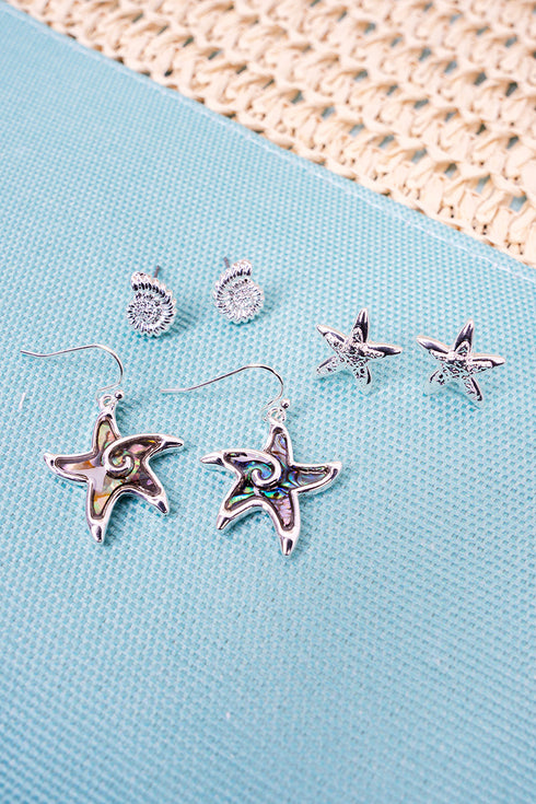 St. Lucia Starfish Silvertone Earrings 3 Pair Set