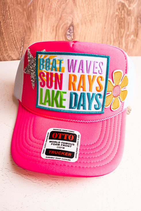Boat Waves Sun Rays Lake Days Neon Pink Trucker Hat