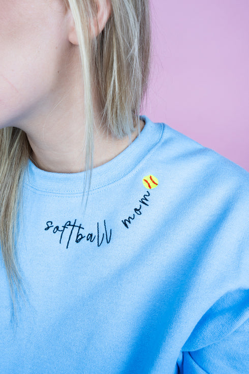 Embroidered Softball Mom Neckline Unisex NuBlend Crew Sweatshirt *Choose Thread Color