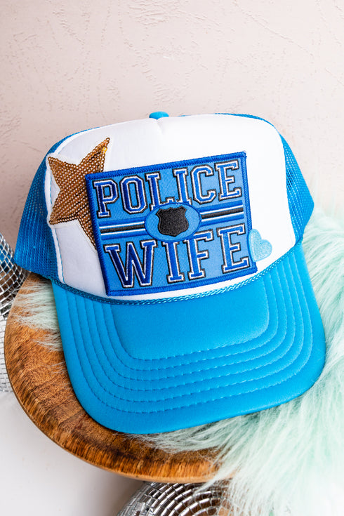 Police Wife Otto Neon Blue and White Trucker Hat