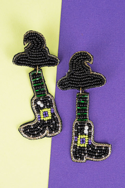 Caution! Witch Crossing Black Seed Bead Earrings