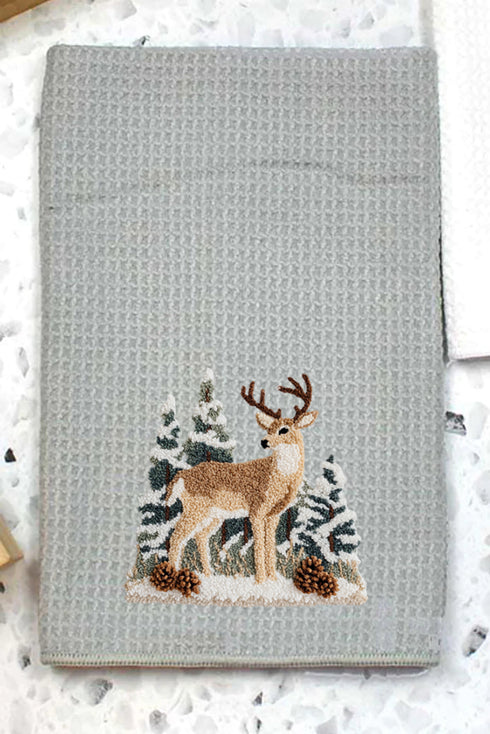 Faux Yarn Winter Deer Gray Waffle Kitchen Towel