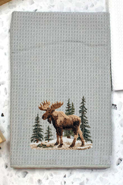 Faux Yarn Winter Moose Gray Waffle Kitchen Towel
