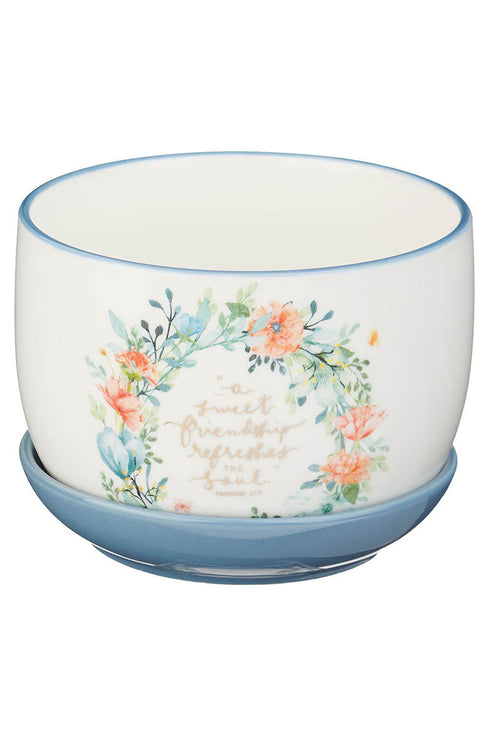 Sweet Friendship Bright Floral Wreath Ceramic Planter with Saucer