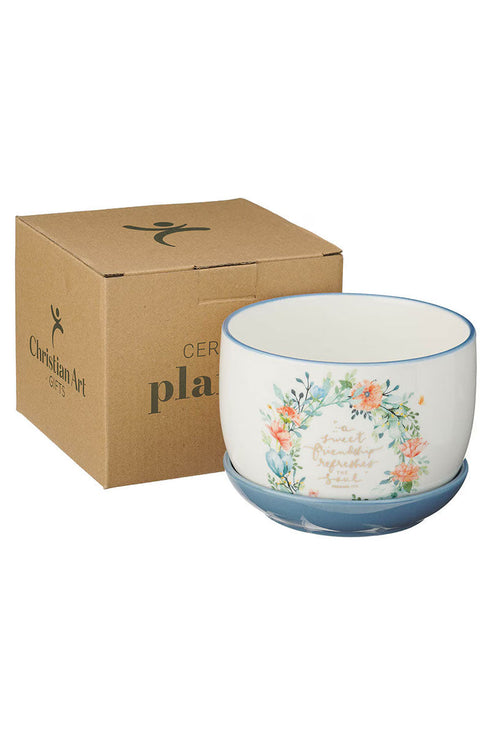 Sweet Friendship Bright Floral Wreath Ceramic Planter with Saucer
