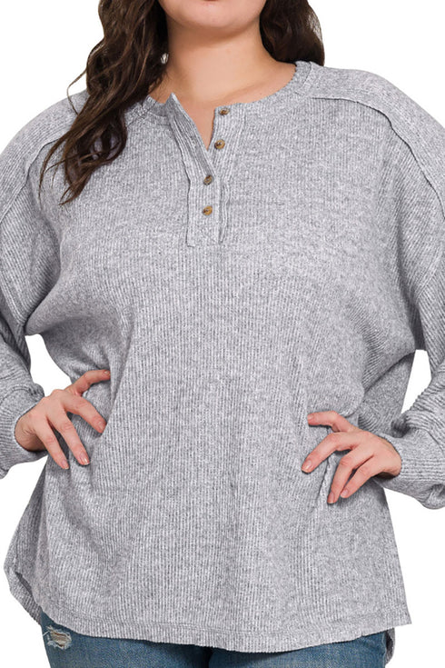 Plus Size Frosty Feels Heather Gray Brushed Hacci Henley Sweater