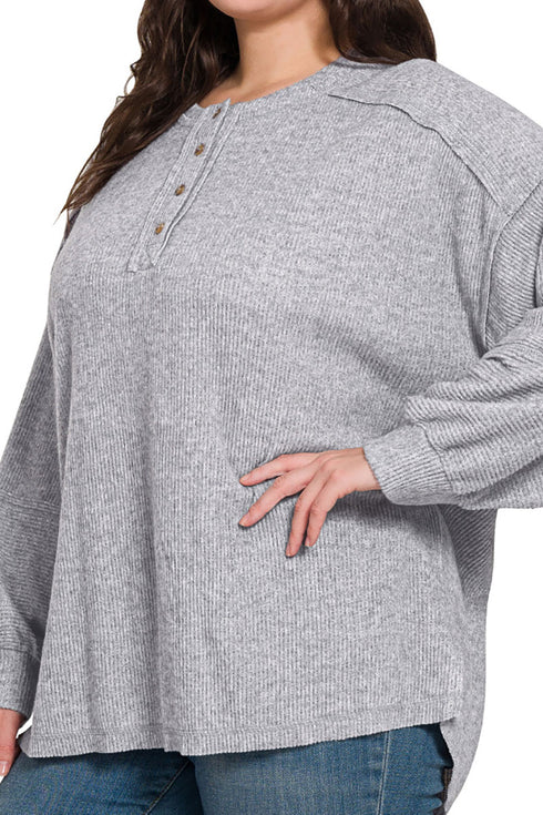 Plus Size Frosty Feels Heather Gray Brushed Hacci Henley Sweater