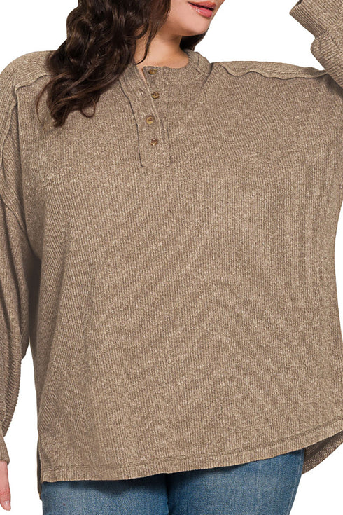 Plus Size Frosty Feels Mocha Brushed Hacci Henley Sweater