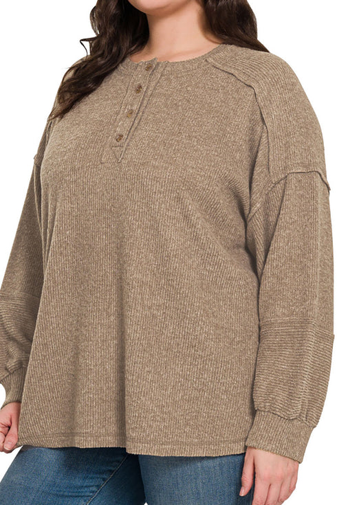 Plus Size Frosty Feels Mocha Brushed Hacci Henley Sweater