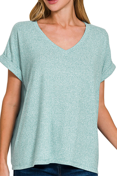 Catalina Dusty Teal Melange Hacci V-Neck Tee