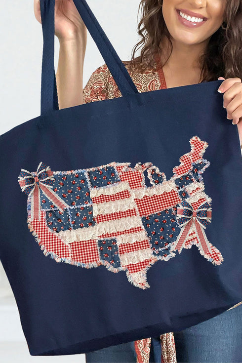 Faux Patchwork USA Map Canvas Jumbo Tote