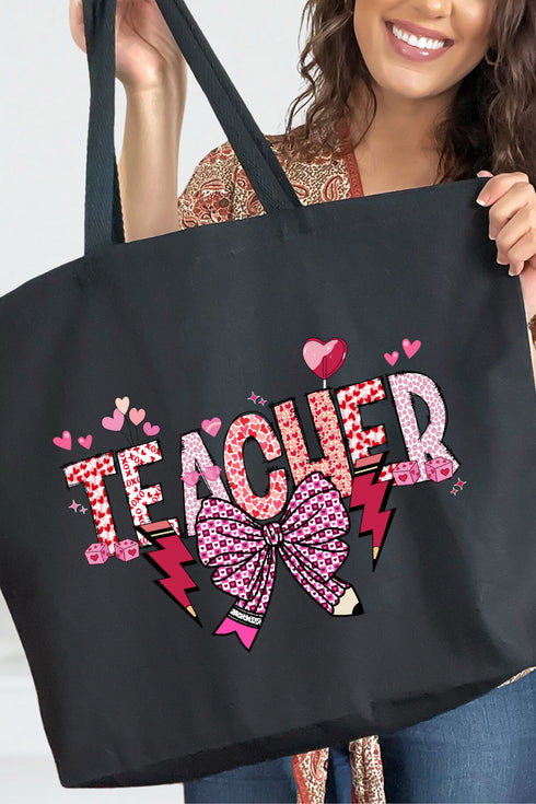 Bow Teacher Doodle Canvas Jumbo Tote