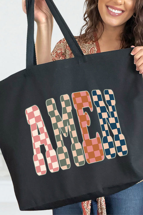 Checkered Amen Canvas Jumbo Tote