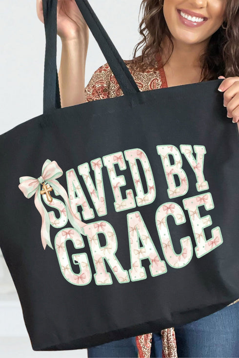 Coquette Cross Saved By Grace Canvas Jumbo Tote