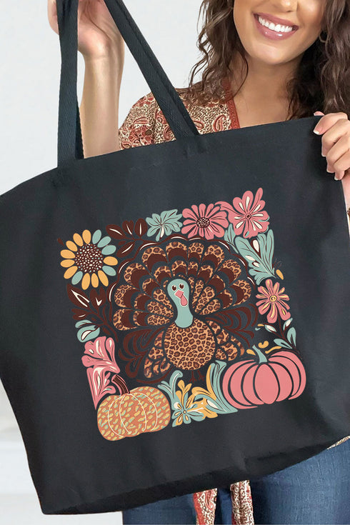 Fall Floral Turkey Canvas Jumbo Tote