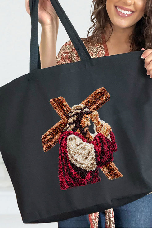 Faux Yarn Jesus At The Cross Canvas Jumbo Tote
