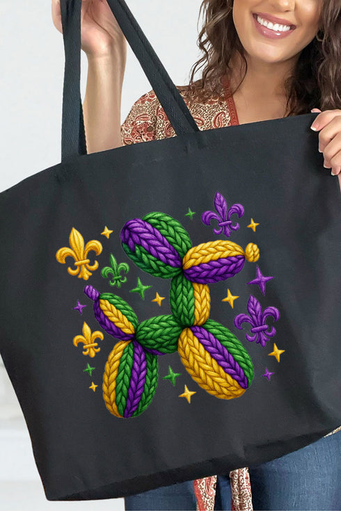 Faux Yarn Mardi Gras Balloon Dog Canvas Jumbo Tote