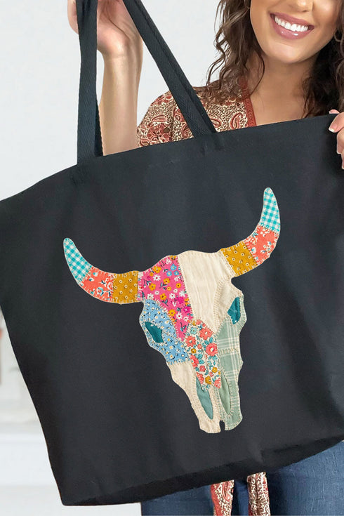 Patchwork Steer Head Canvas Jumbo Tote